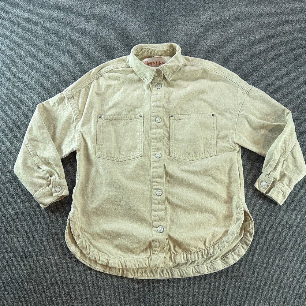 Bershka Women Beige Denim Button Front Jacket Oversized Tan XS Shacket Fall